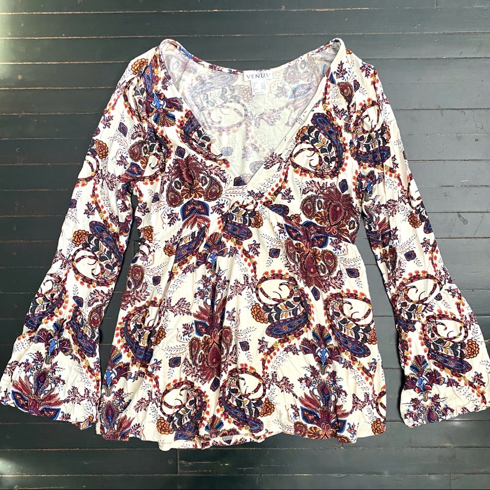 VENUS Cream & Burgundy Paisley Floral Deep V-neck Prairie Hippie Top - Picture 4 of 10